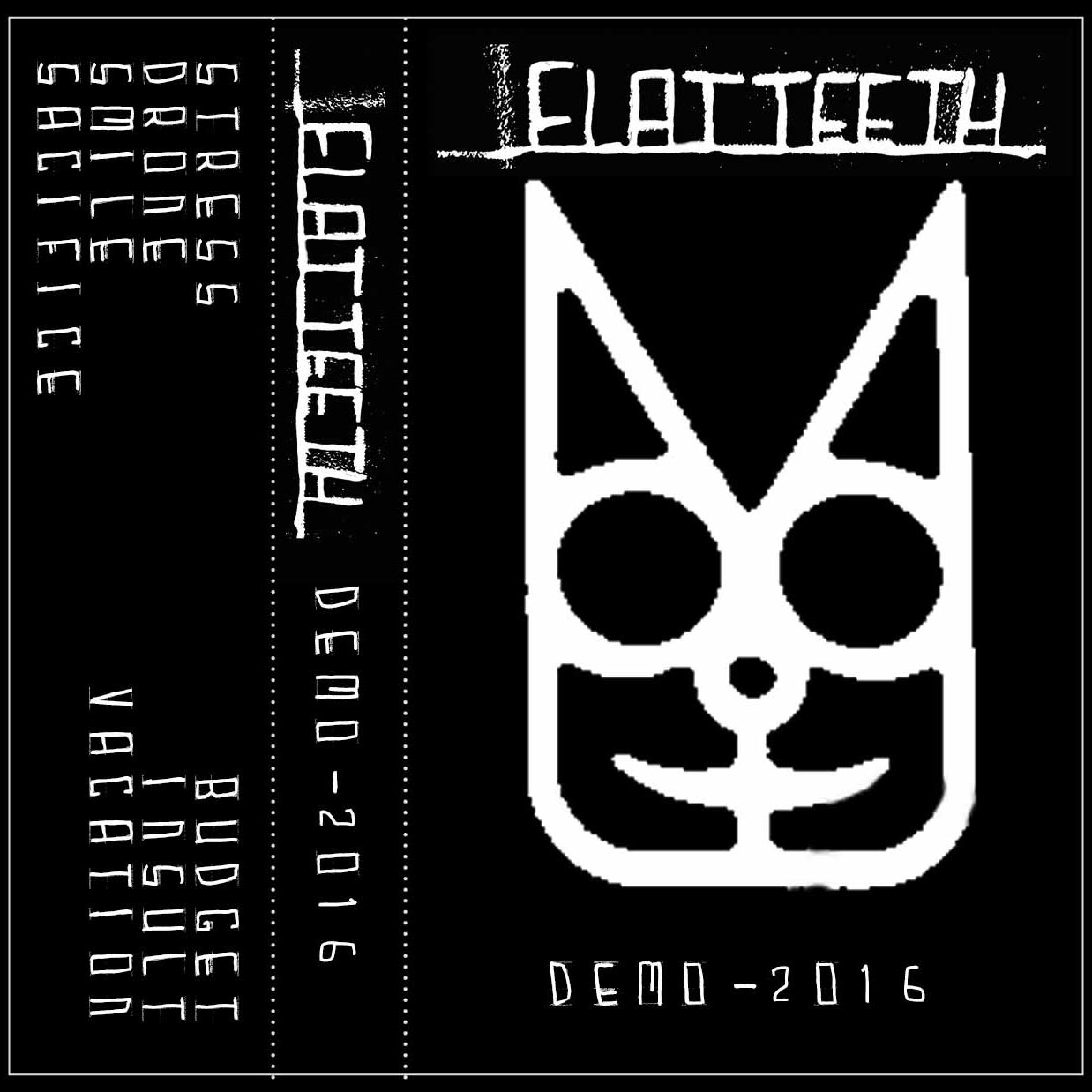 Grey print on black digital mockup of a cassette j-card, image of a safety cat self defense item