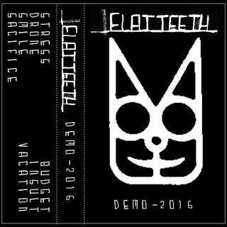 Grey print on black digital mockup of a cassette j-card, image of a safety cat self defense item